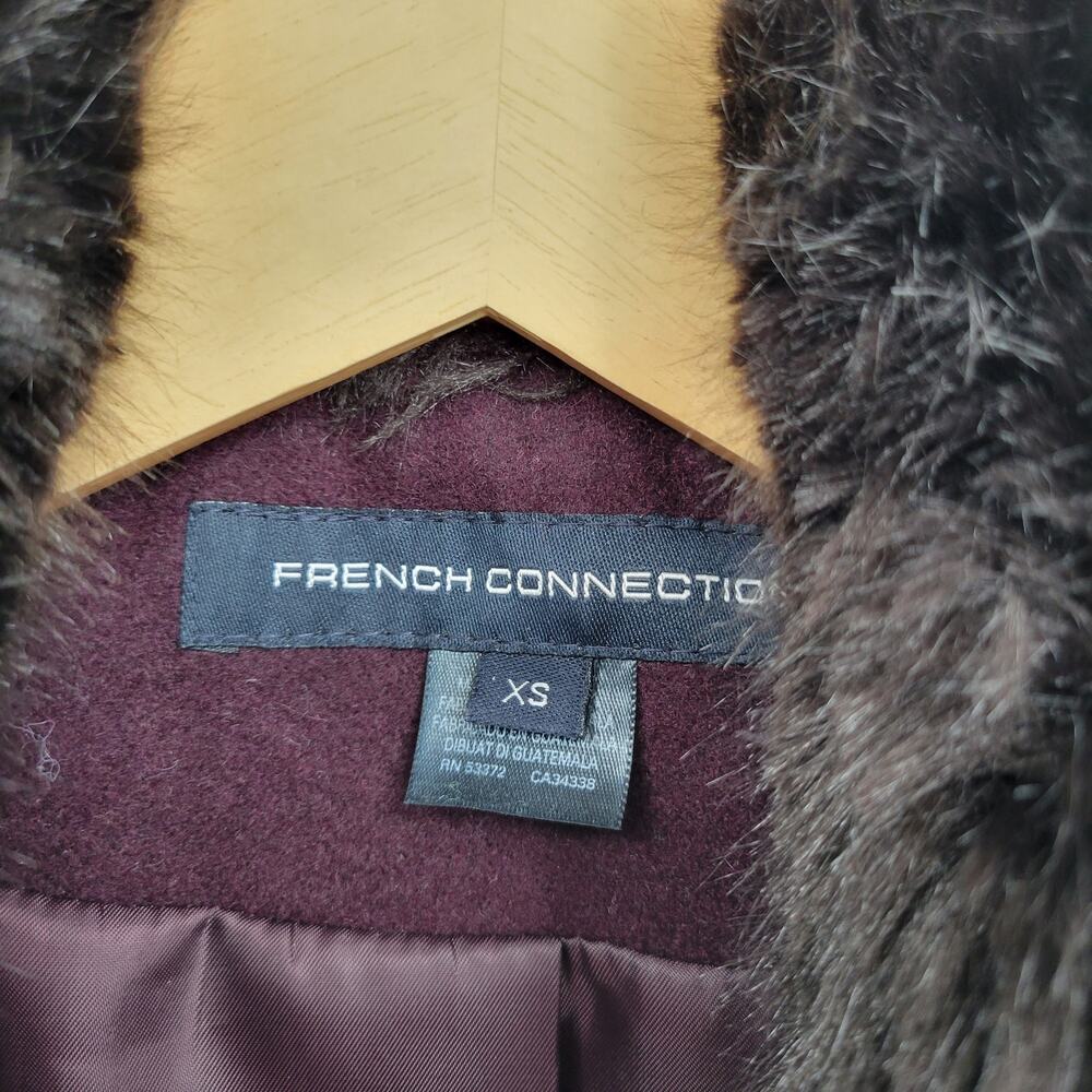French Connection XS Fur Coat Collar Single Breasted Midi Maxi Purple Wine - Picture 2 of 7